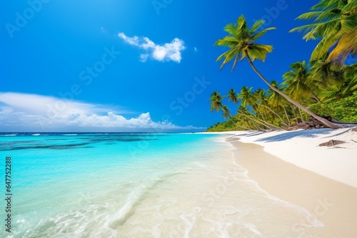 Idyllic tropical beach with white sand, clear blue skies, turquoise water, serene ambiance: perfect for solo summer getaways. Generative AI © Greer