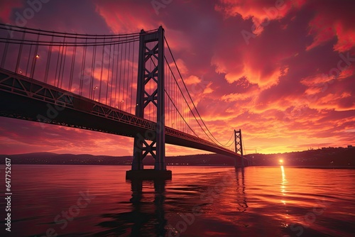 A breathtaking sunset view of a majestic suspension bridge, its elegant cables and towers silhouetted against a vibrant orange and pink sky. © Photo Designer 4k