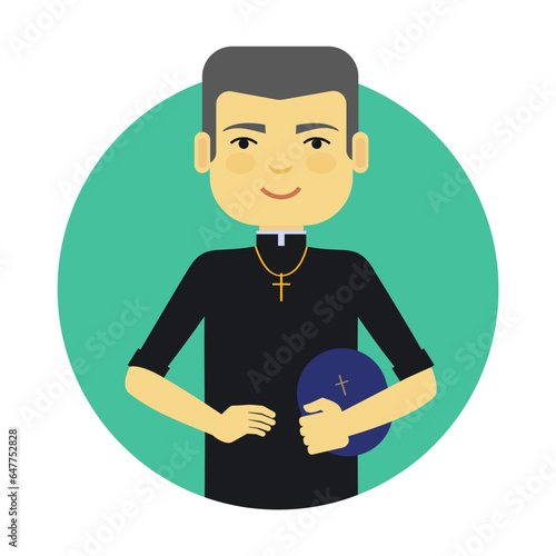 Orthodox catholic priest flat vector circle icon. Religious man in cassock and with crucifix around his neck isolated on white background. Activities and professions, religion, faith concept