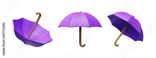 Set of 3D render purple umbrella. Vector illustration in clay plasticine style. Protection icon against sun, rain. Realistic parasol. Symbol of insurance. Meteorology weather handle season elements.