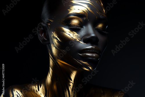 A girl on a black background with gold painted skin