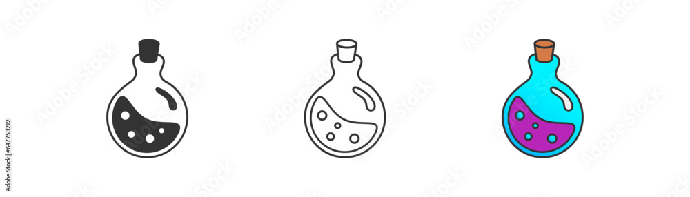 Bottle of magic potion icon on light background. Chemical symbol. Halloween, witchcraft element, wizard, laboratory. Outline, flat, and colored style. Vector illustration. Bottle of magic potion icon on light background. Chemical symbol. Halloween, witchcraft element, wizard, laboratory. Outline, flat, and colored style. Vector illustration.