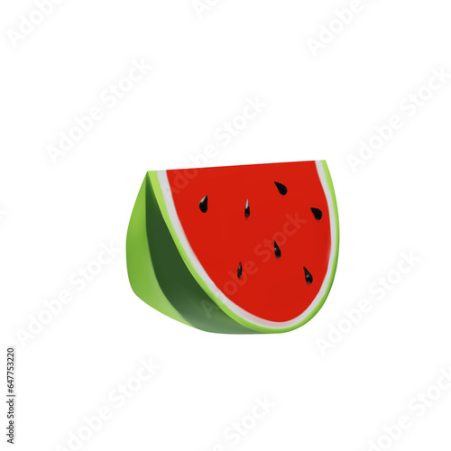 3D render big slice watermelon. Realistic healthy berry. Vector illustration in clay style. Sweet ripe organic food for vegetarian. Juicy fresh snack in summer season. Tasty nutrition object