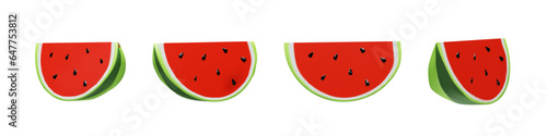 Set of 3D render big slice of watermelon. Realistic healthy berry. Vector illustration in clay style. Sweet ripe organic food for vegetarian. Juicy fresh snack in summer season. Tasty nutrition object