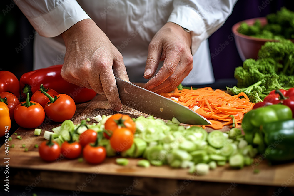Generative AI - Cook's hands close view, cutting vegetables Generative AI - Cook's hands close view, cutting vegetables