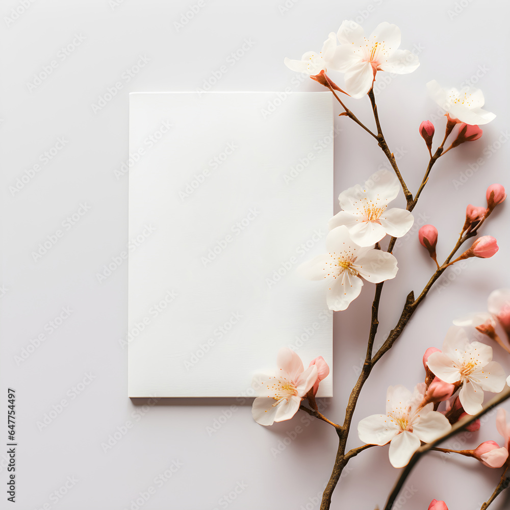 White Empty Plain Canvas Mockup with Blooming Delicate White Flower Decor