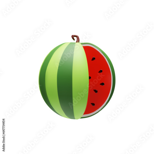 3D render slice and watermelon part. Realistic healthy berry. Vector illustration in clay style. Fresh summer harvest for vegetarian. Juicy fresh snack farmer food. Tasty natural nutrition object