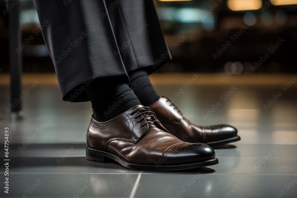 Close up generative AI photography of man going to the office in classic leather shoes