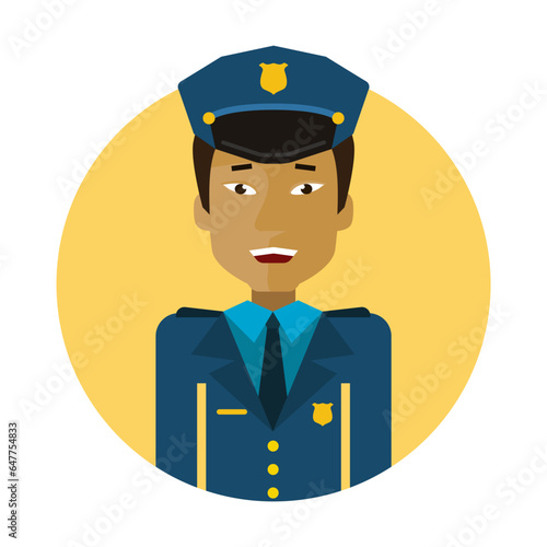 Police officer in uniform and cap flat vector circle icon. Happy man wearing headdress on duty isolated on white background. Activities and professions, police, security concept