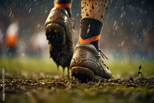 Close up picture of soccer cleats on muddy green field generative AI concept photo
