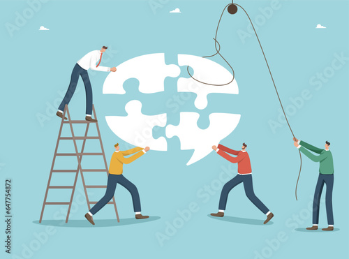 Сommon vision for business development, cooperation and agreement in achieving goals, teamwork to achieve high results, association and merger, businessmen putting together puzzle in form of thought.