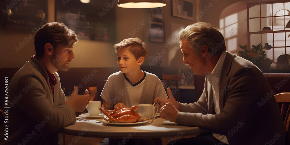 Family talking in restaurant