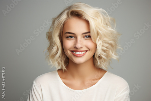 Generative Ai portrait of young pretty woman natural beauty blond hairstyle on background © deagreez