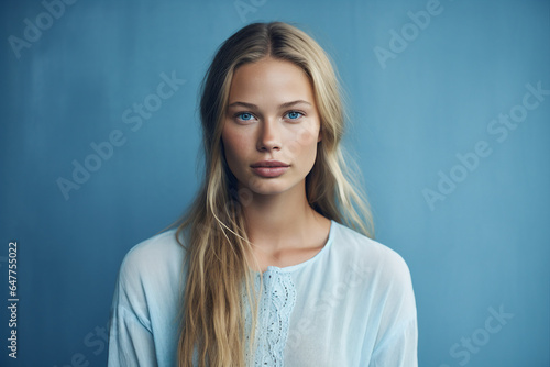 Generative Ai portrait of young woman natural beauty wear winter season clothes isolated on blue color background