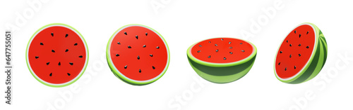 Set 3D render half of watermelon. Realistic healthy berry. Vector illustration in clay style. Sweet ripe organic food for vegetarian. Juicy fresh snack in summer season. Tasty nutrition huge slice