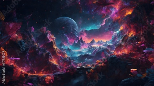 Colorful Fantasy Landscape With Crescent And Star Drawing Moon And Star Fantasy Art Fantasy Landscape Illustration Starry Sky Whimsical Night Sky AI Generative
