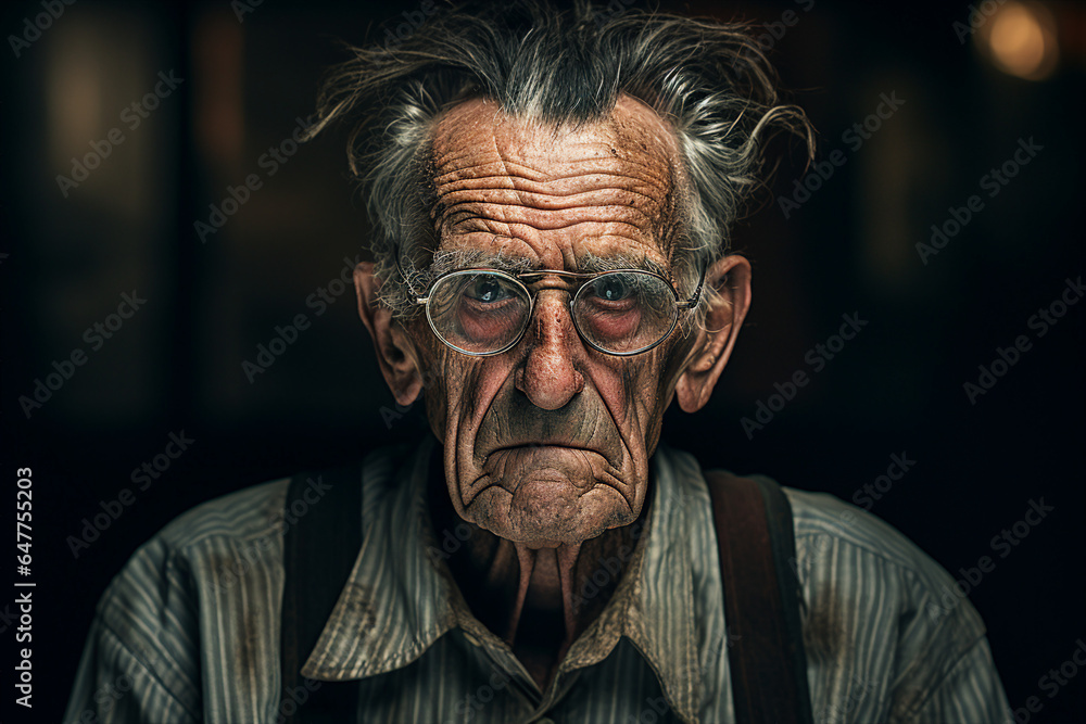 Close up photography of old wise sad man wear eyeglasses generative ai modern technology