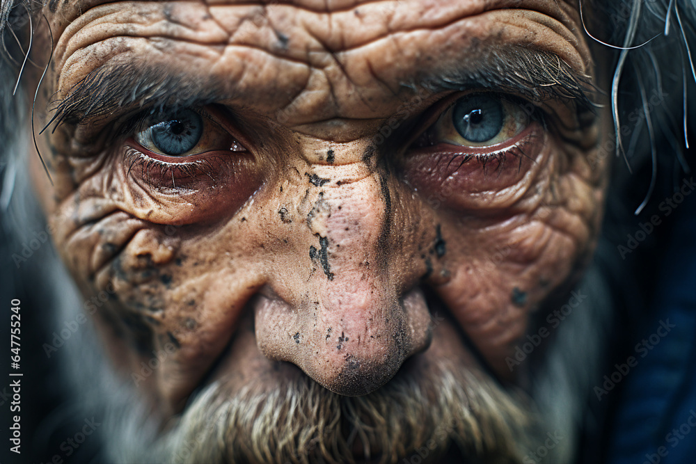 Close up generated ai picture of old elderly upset unhappy man with a wrinkled face living alone Close up generated ai picture of old elderly upset unhappy man with a wrinkled face living alone