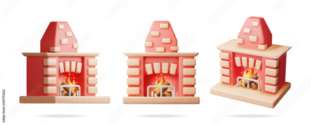 3D Fireplace with Burning Wood Set Isolated. Render Winter Interior Bonfire. Bright Burning Flame and Smoldering Logs Inside. Home Fireplace for Comfort and Relaxation. Realistic Vector Illustration