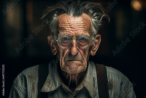 Close up photography of old wise sad man wear eyeglasses generative ai modern technology