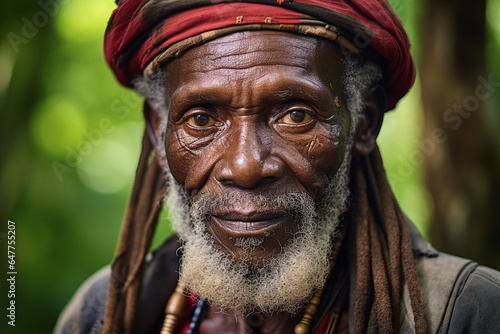 Generative AI close up portrait of old elderly man an afro indian local typical inhabitant wear national headgear