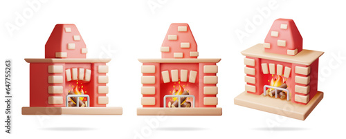 3D Fireplace with Burning Wood Set Isolated. Render Winter Interior Bonfire. Bright Burning Flame and Smoldering Logs Inside. Home Fireplace for Comfort and Relaxation. Realistic Vector Illustration