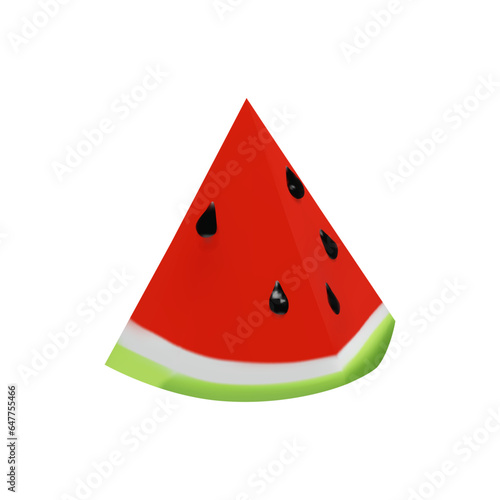 3D render small part of watermelon. Realistic healthy berry. Vector illustration in clay style. Sweet ripe organic food for vegetarian. Juicy fresh snack in summer season. Tasty nutrition slice