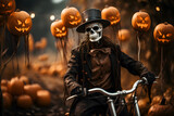 A wonderful skeleton in a suit with a bicycle. Scary Halloween season. Skull. Pumpkin decorations. Halloween lights
