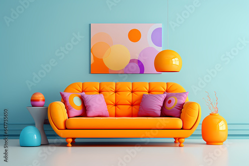 photo high quality colorful couch with pillows on a neutral background, in the style of retro-futuristic, vray tracing, pastel toned, cute and colorful photo