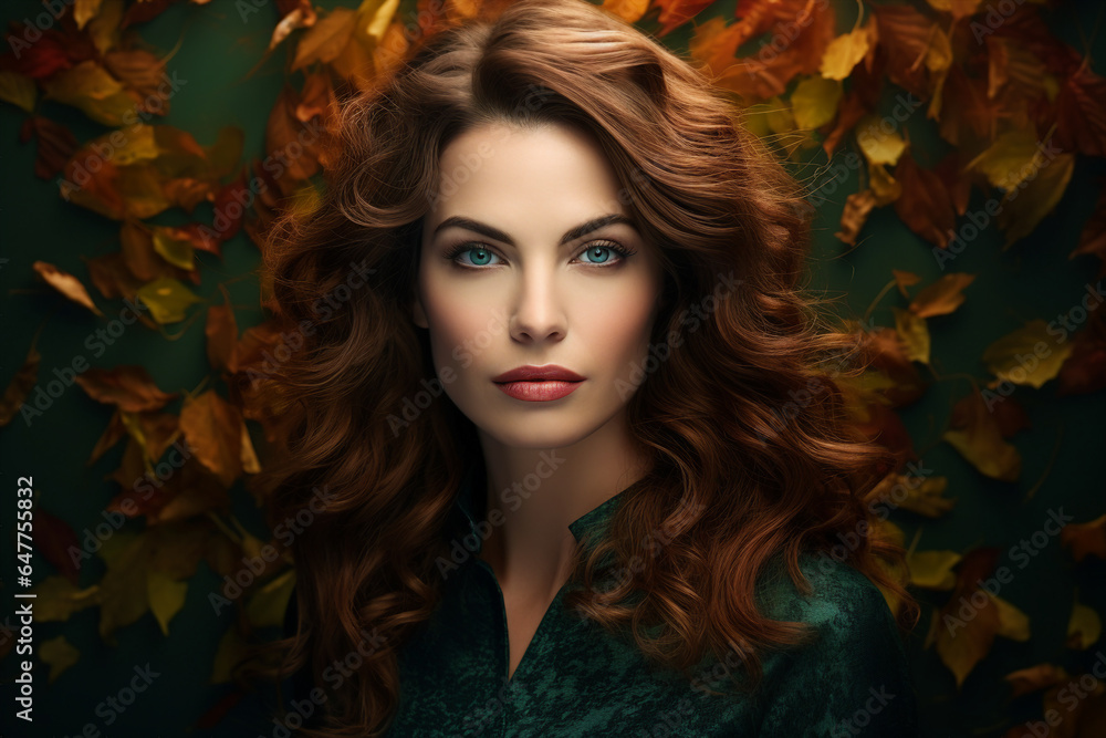 Generative Ai illustration of stunning woman surrounded by dry foliage autumn decorations background Generative Ai illustration of stunning woman surrounded by dry foliage autumn decorations background