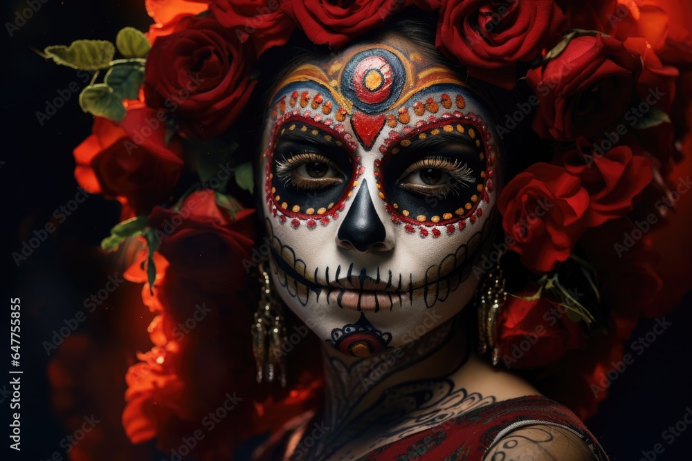Dia de los muertos. Day of The Dead. Woman with sugar skull makeup on a floral background. AI Generated Dia de los muertos. Day of The Dead. Woman with sugar skull makeup on a floral background. AI Generated
