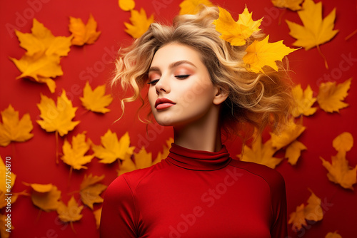 Generative Ai illustration of stunning woman surrounded by dry foliage autumn decorations background
