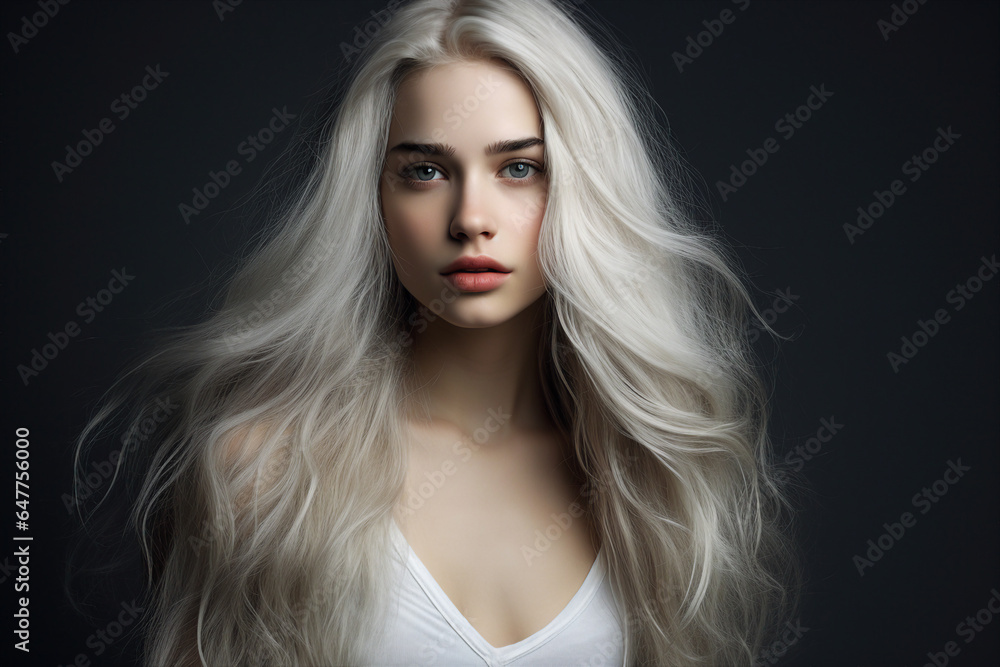 Generative Ai portrait illustration of glamorous charming young girl fashion model have white dyed tint hair