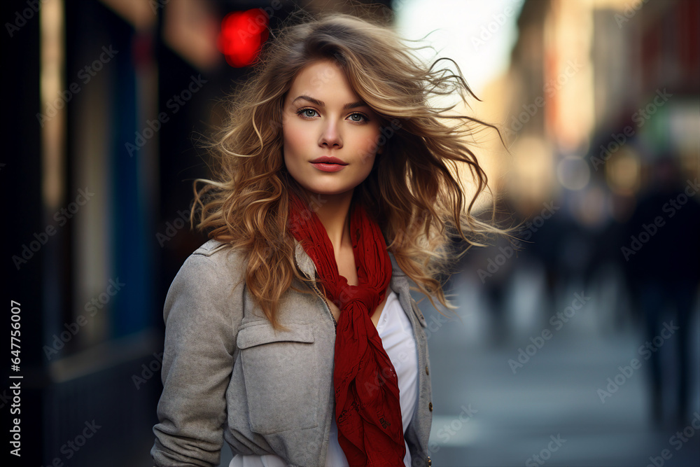 Generative Ai portrait of young girl woman isolated over blurred city lights sunny day background