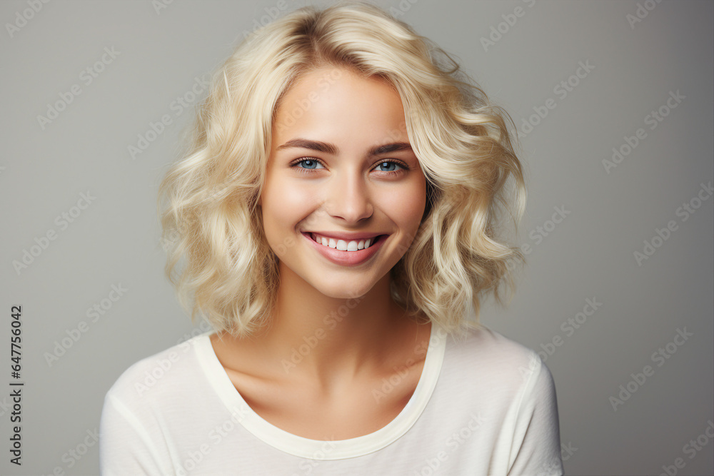 Generative Ai portrait of young pretty woman natural beauty blond hairstyle on background Generative Ai portrait of young pretty woman natural beauty blond hairstyle on background