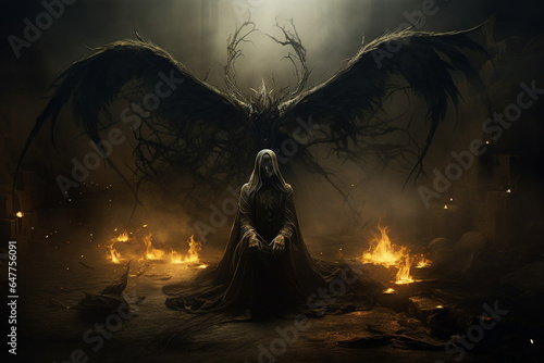 Genrative ai collage picture of evil satanic inferno with dark wings fallen angel in hell