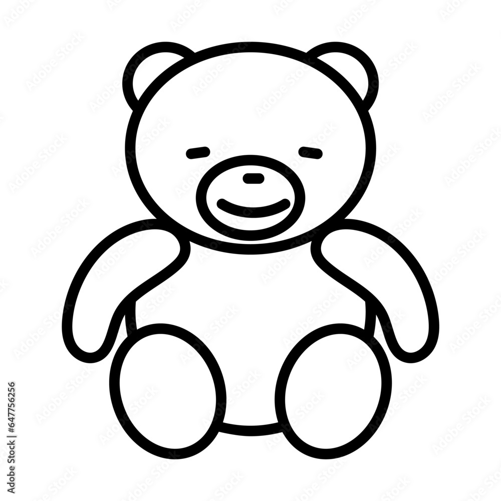 Simple outline of soft teddy bear toy vector icon. Black line drawing or cartoon illustration of toy for kids on white background. Childhood, child care, entertainment concept Simple outline of soft teddy bear toy vector icon. Black line drawing or cartoon illustration of toy for kids on white background. Childhood, child care, entertainment concept