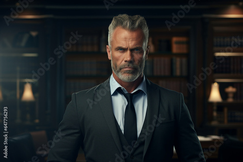 Generative AI photo of confident determined intelligent mature man standing in library