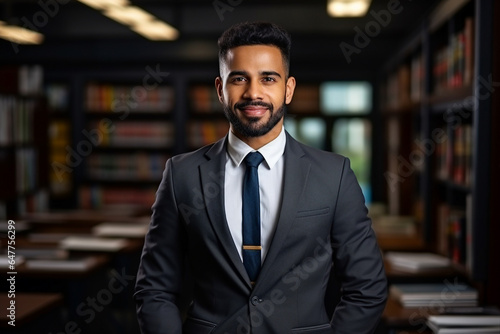 Portrait of successful handsome man scientist in classroom library or educational setting background generative AI concept