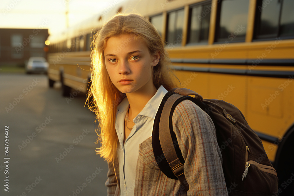 Fototapeta premium Generative AI photo of young girl with a schoolbag back to school near a school bus on a sunny autumn day