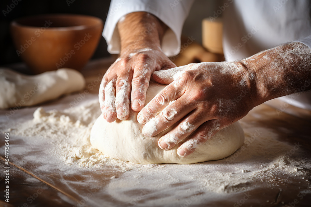 Generative AI - Cook's hands preparing dough for fresh bread