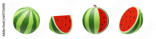 3D render set of different parts of watermelon. Half, full, small and big part of sweet organic fruit. Vector illustration clay style. Red and green vitamin berry for vegetarian diet. Summer harvest