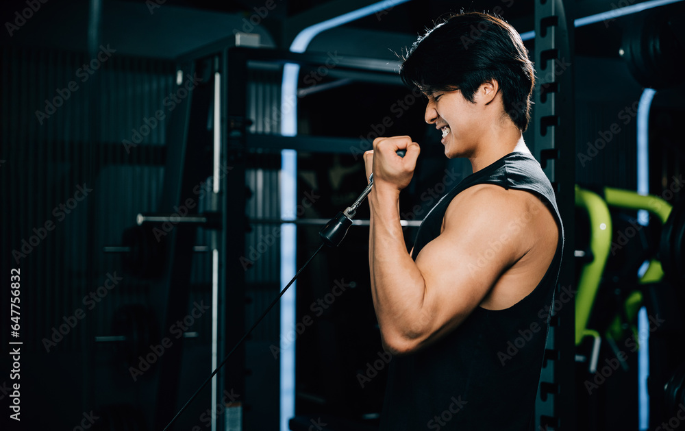 A male athlete in the gym doing cable triceps pull up, demonstrating his dedication and effort towards maintaining a muscular physique. lifestyle and people concept A male athlete in the gym doing cable triceps pull up, demonstrating his dedication and effort towards maintaining a muscular physique. lifestyle and people concept