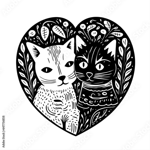 Black and white cute cat faces, cartoon characters, lovesick cats in a heart. The concept of love, friendship. Portrait.