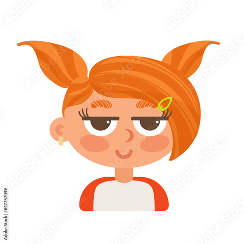 A cunning girl with ponytails smiles. In cartoon style. Human emotions