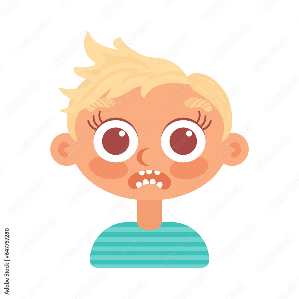 A blonde boy in a striped jacket is frightened. In cartoon style. Human emotions