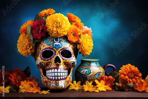 Dia De Los Muertos Celebration Background With sugar Skull,marigolds flowers, AI Generated
