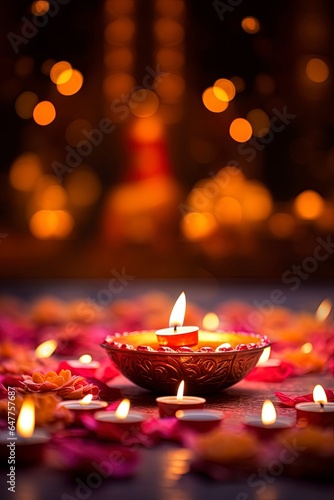 Diwali background and copy space, burning candles with bokeh background, generative ai 