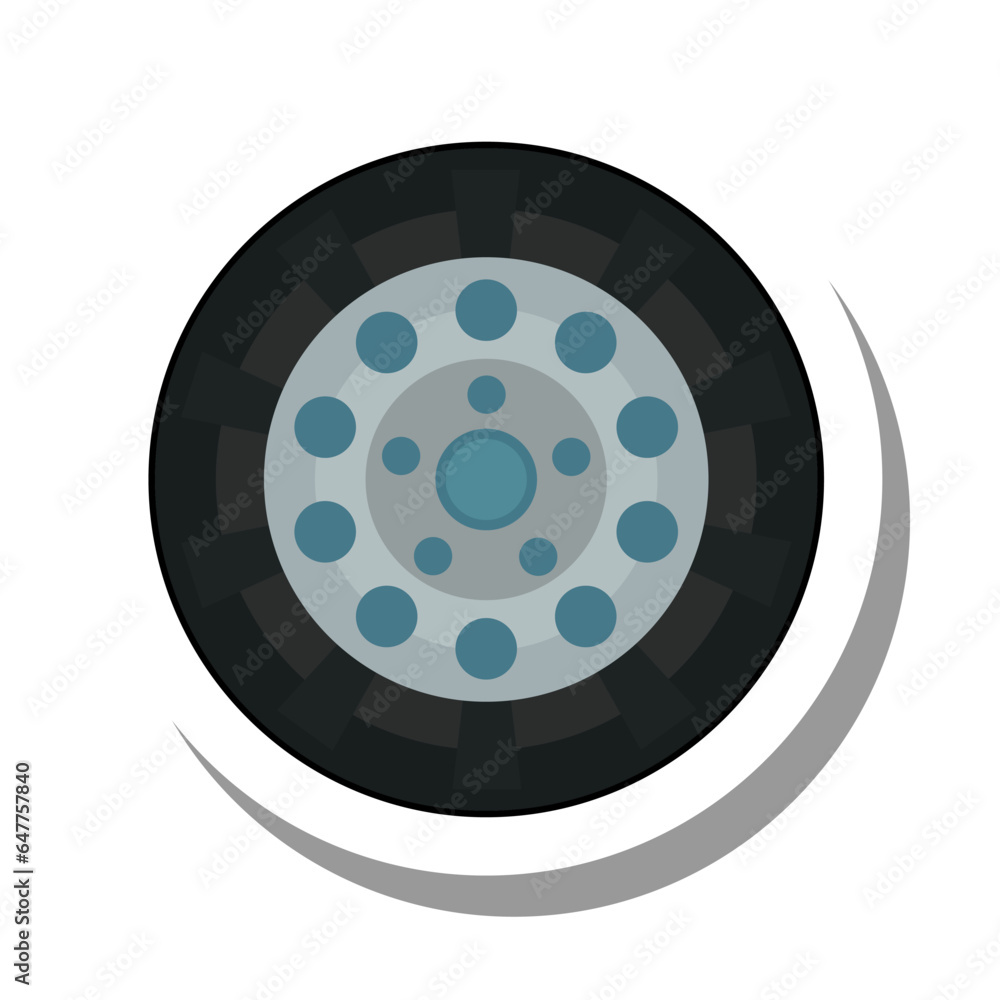 Round truck wheel with tire flat paper sticker icon. Equipment or spare part for car repair shop isolated on white background. Transportation, machinery, car service concept