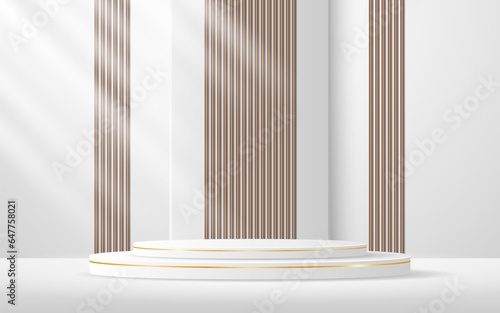 White podium with elegant golden lines with brown slatted backdrop for advertisement display. Display of cosmetic products. stage or podium. vector illustration

